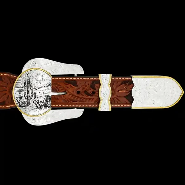 "Our Lake Worth Three-Piece Custom Buckle is the definition of pride. Crafted on a German Silver base with a jeweler's bronze traditional rope edge, lettering on the keeper, and a figure on the tip, this buckle offers plenty of space on the main port